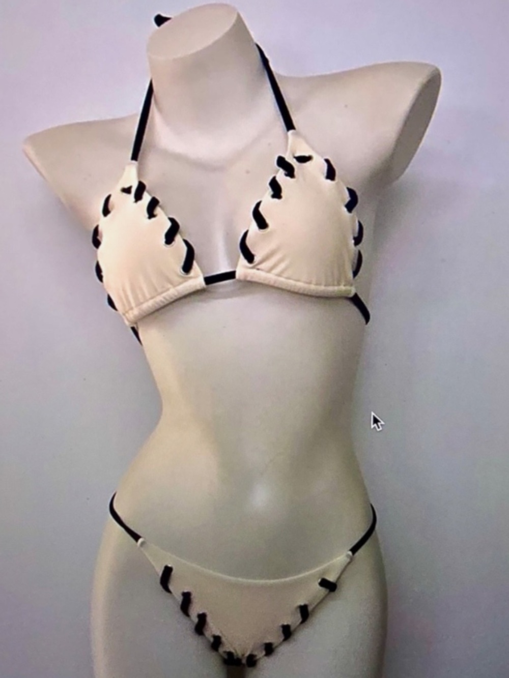 Cream Ribbed Triangle Bikini Set Black Whipstitch Trim Size [S]